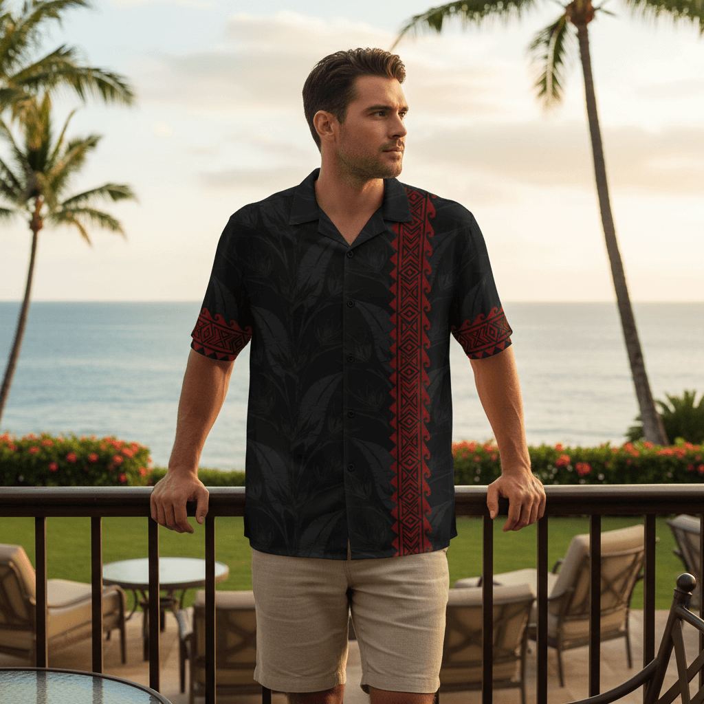 Man wearing Pō Koa o ke Kai ʻElua Hawaiian shirt leaning against railing at resort bar terrace overlooking ocean