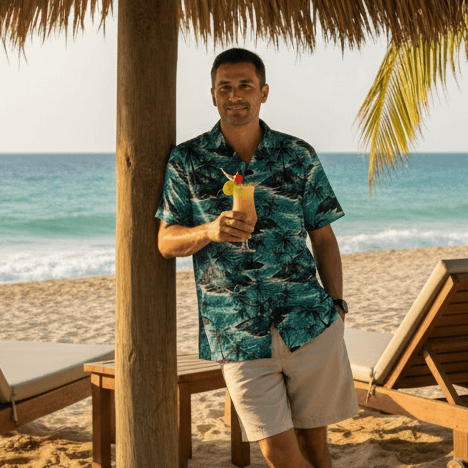 Pacific Nights Ekahi Hawaiian shirt lifestyle photo - man relaxing at beachfront cabana with tropical drink