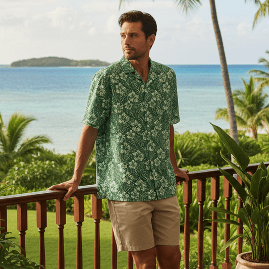 Man wearing Kauwela Verdance Hawaiian shirt on resort lanai with ocean and tropical garden views