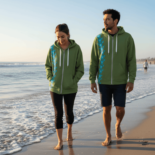 Man and woman wearing matching Verdant Aloha olive green zip hoodies with turquoise plumeria flowers on morning beach walk