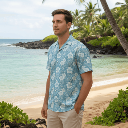 Wailuku Whisper Hawaiian shirt lifestyle photo - man at quiet Hawaiian cove