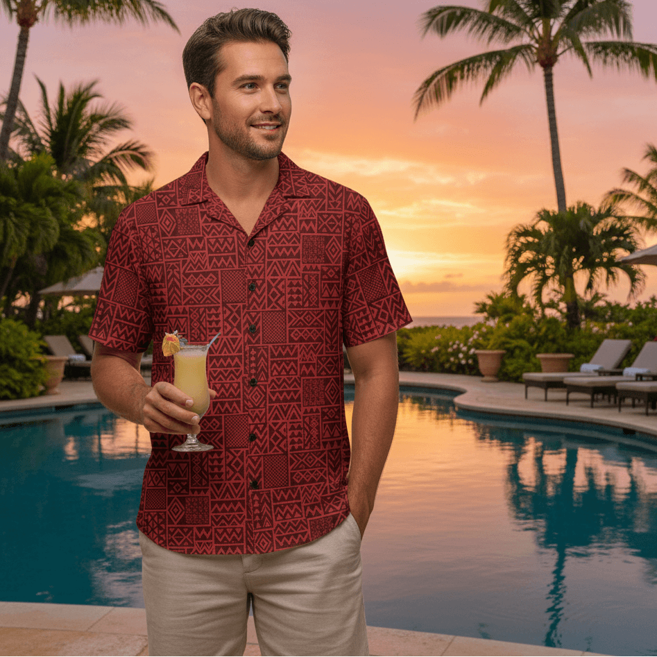 Island Ruby Hawaiian Shirt lifestyle photo - man at tropical resort poolside