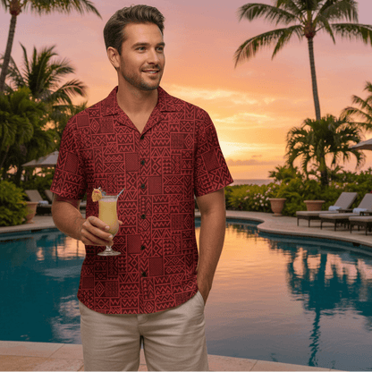 Island Ruby Hawaiian Shirt lifestyle photo - man at tropical resort poolside