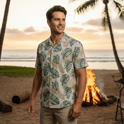 Lanai Drifter Hawaiian shirt lifestyle photo - man at Hawaiian beach bonfire area with palm trees at sunset