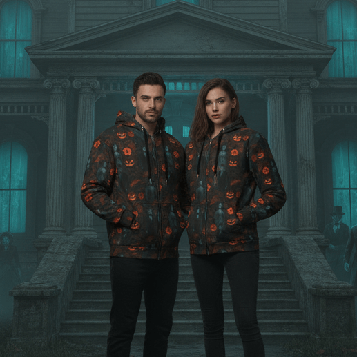 Man and woman wearing 999 Luau zip-up hoodie in front of haunted Victorian mansion with ghostly apparitions