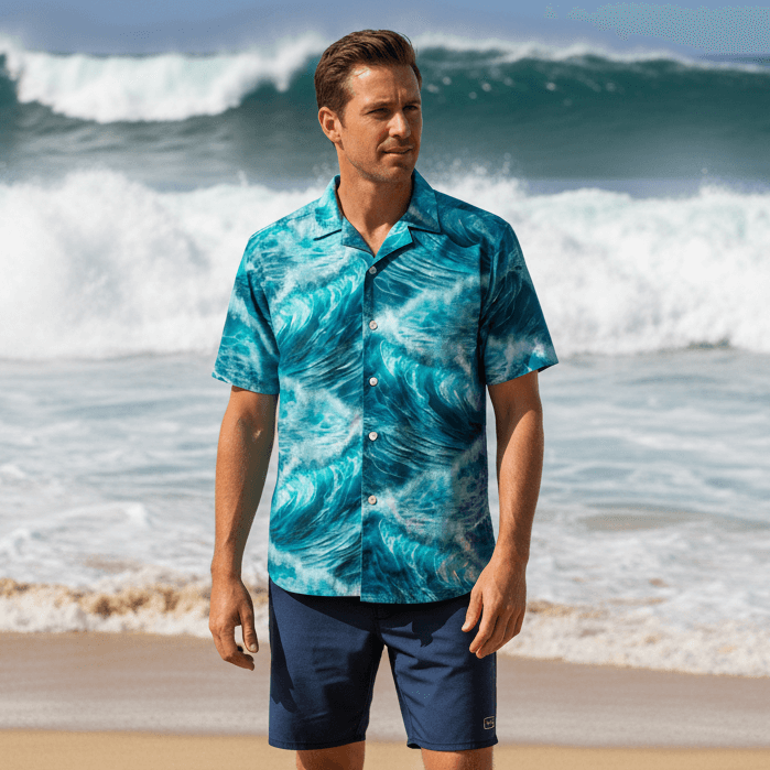Kai Mana Hawaiian shirt lifestyle photo - surfer on beach with huge wave break behind him