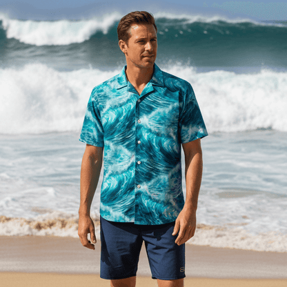 Kai Mana Hawaiian shirt lifestyle photo - surfer on beach with huge wave break behind him