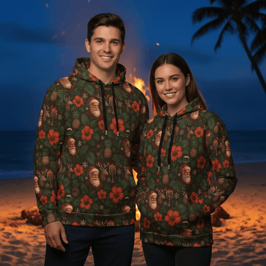Santa's Aloha Hawaiian Christmas hoodie - couple at evening beach bonfire
