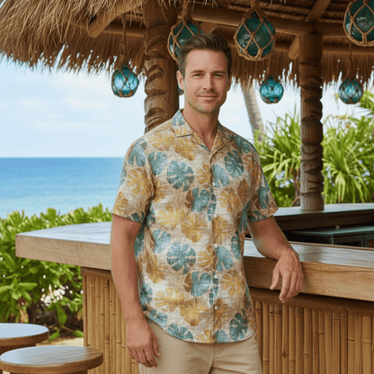 Beach Bum Hawaiian shirt lifestyle photo - man at beachside tiki bar