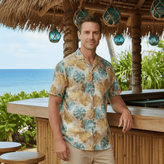 Beach Bum Hawaiian shirt lifestyle photo - man at beachside tiki bar