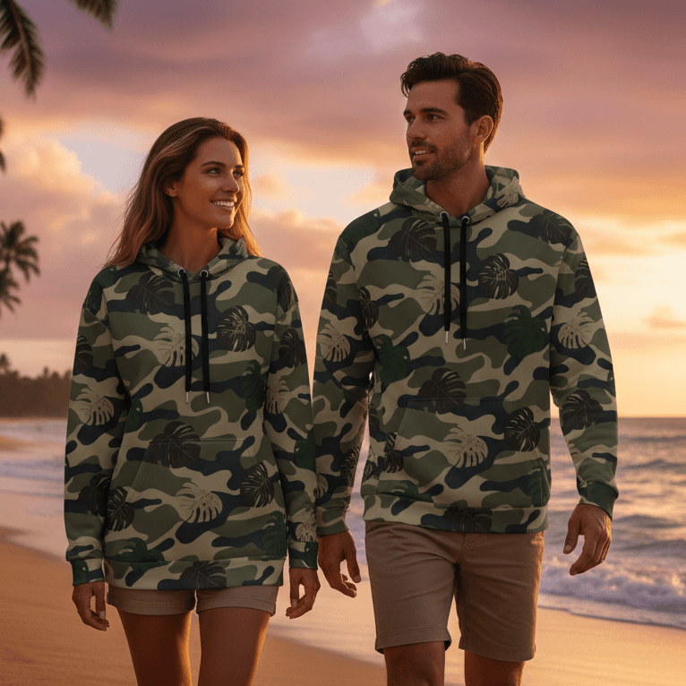 Couple wearing matching Island Ops camo hoodies with monstera leaves walking on Hawaiian beach at sunset