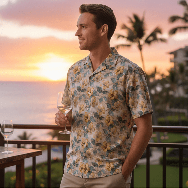 Soul Man Hawaiian shirt lifestyle photo - man at luxury resort terrace during sunset wine tasting