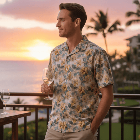 Soul Man Hawaiian shirt lifestyle photo - man at luxury resort terrace during sunset wine tasting