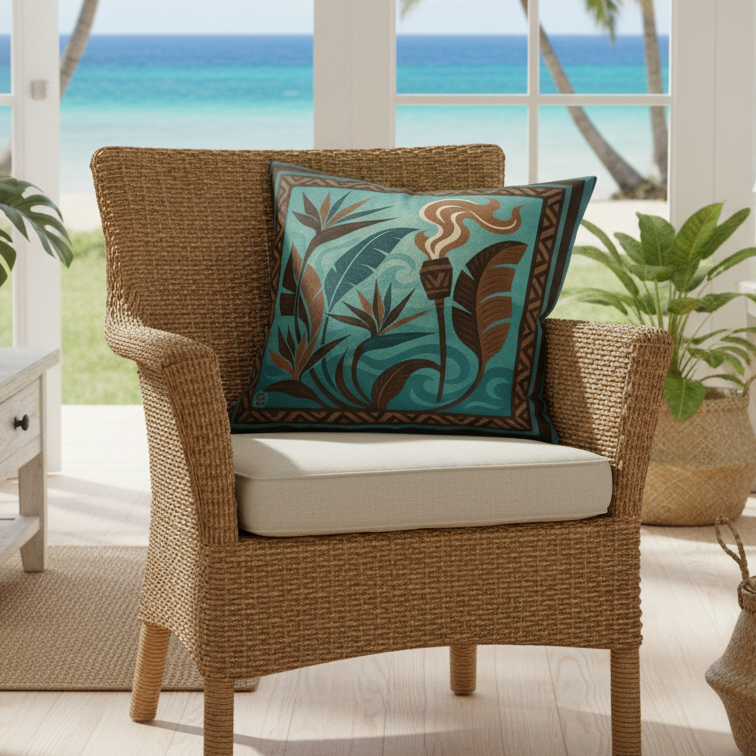 Pacific Twilight pillow case on wicker chair in beach house