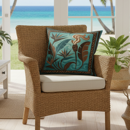 Pacific Twilight pillow case on wicker chair in beach house