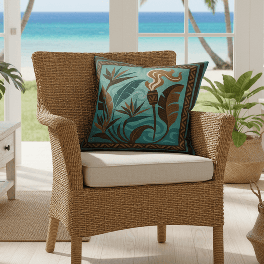 Pacific Twilight pillow case on wicker chair in beach house