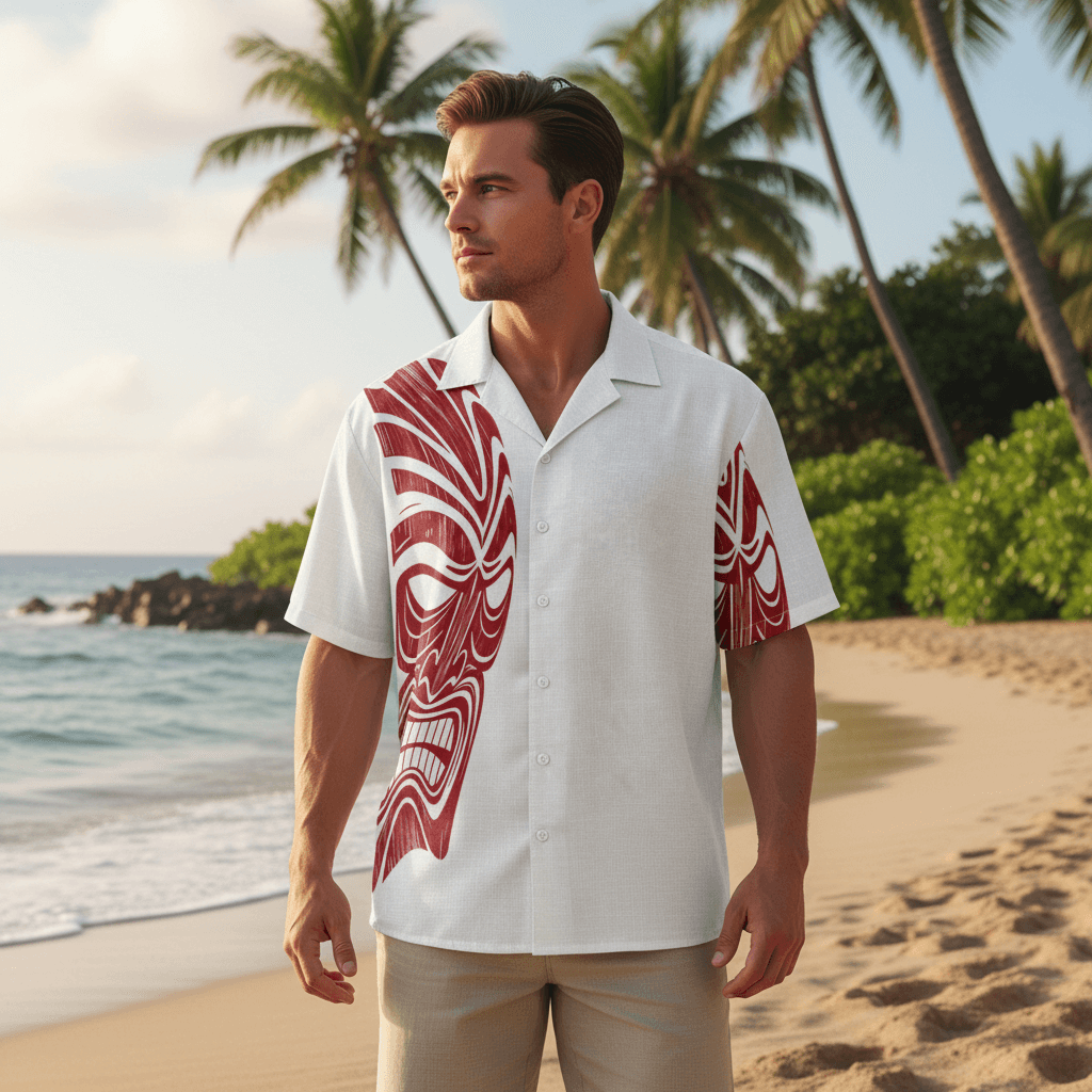 Man wearing Twisted Tiki Ula Hawaiian shirt with white base and red tiki mask design at beachfront with palm trees
