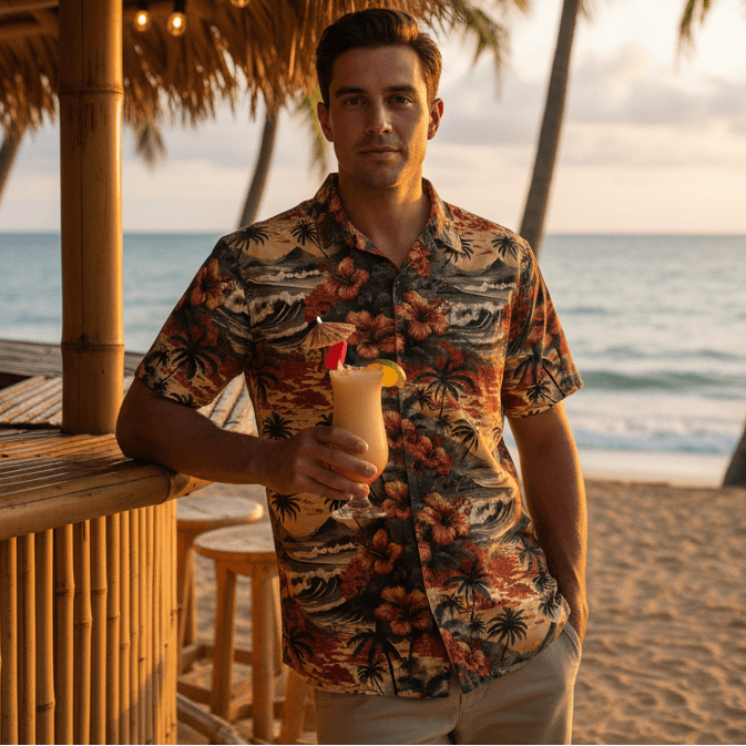 Hana Escape shirt lifestyle photo - person wearing shirt at tropical beach bar with sunset lighting