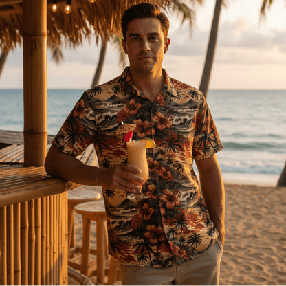Hana Escape shirt lifestyle photo - person wearing shirt at tropical beach bar with sunset lighting