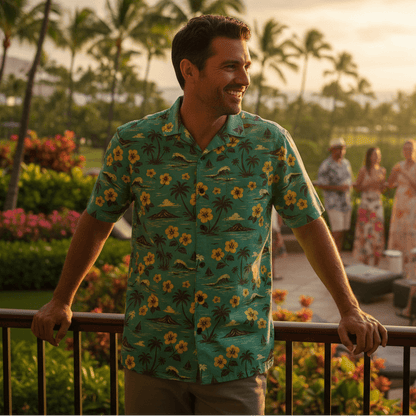 Man wearing Breezy Aloha Hawaiian shirt on resort lanai