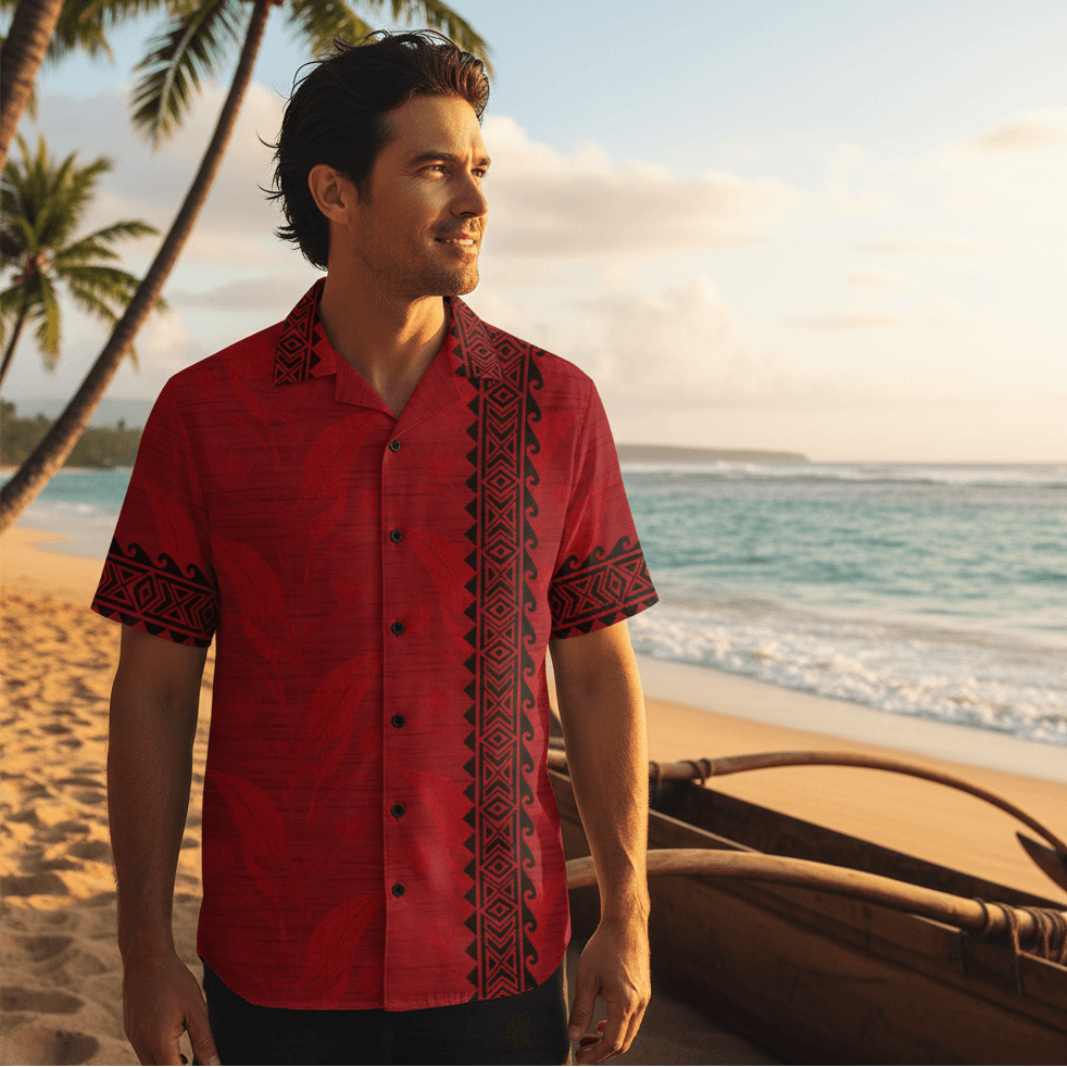 Man wearing Koa Kai ʻElua Hawaiian shirt with traditional outrigger canoe on Hawaiian beach at golden hour