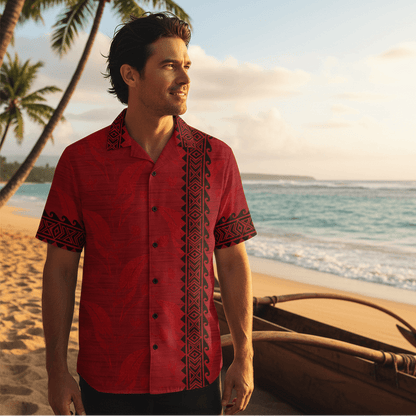 Man wearing Koa Kai ʻElua Hawaiian shirt with traditional outrigger canoe on Hawaiian beach at golden hour