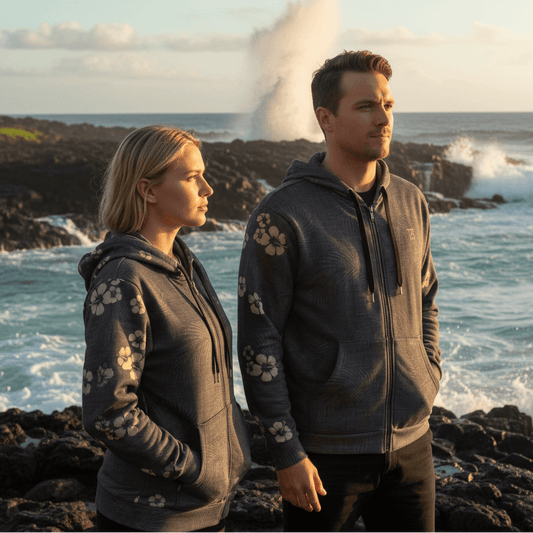 Man and blonde woman wearing Tropical Eclipse zip hoodie at Hālona Beach Cove rocky coastline during golden hour
