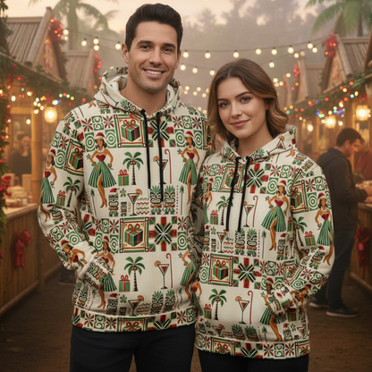 Tiki Christmas Hawaiian hoodie - couple at tropical holiday market