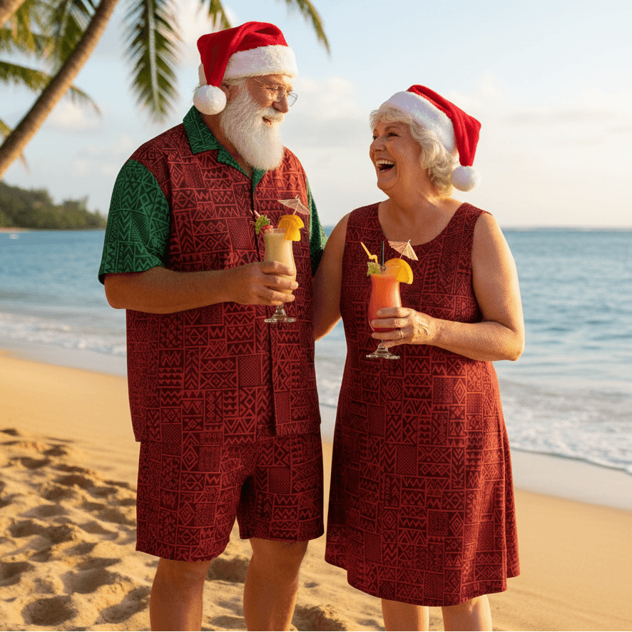 Island Christmas Elua Hawaiian Shirt lifestyle photo - Santa and Mrs. Claus on Hawaiian beach with tropical drinks