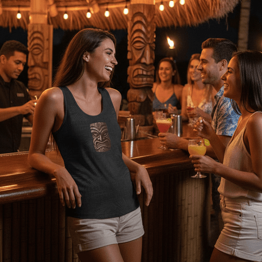 Woman wearing Tiki Mask tank top at resort tiki bar at night with friends and ambient lighting