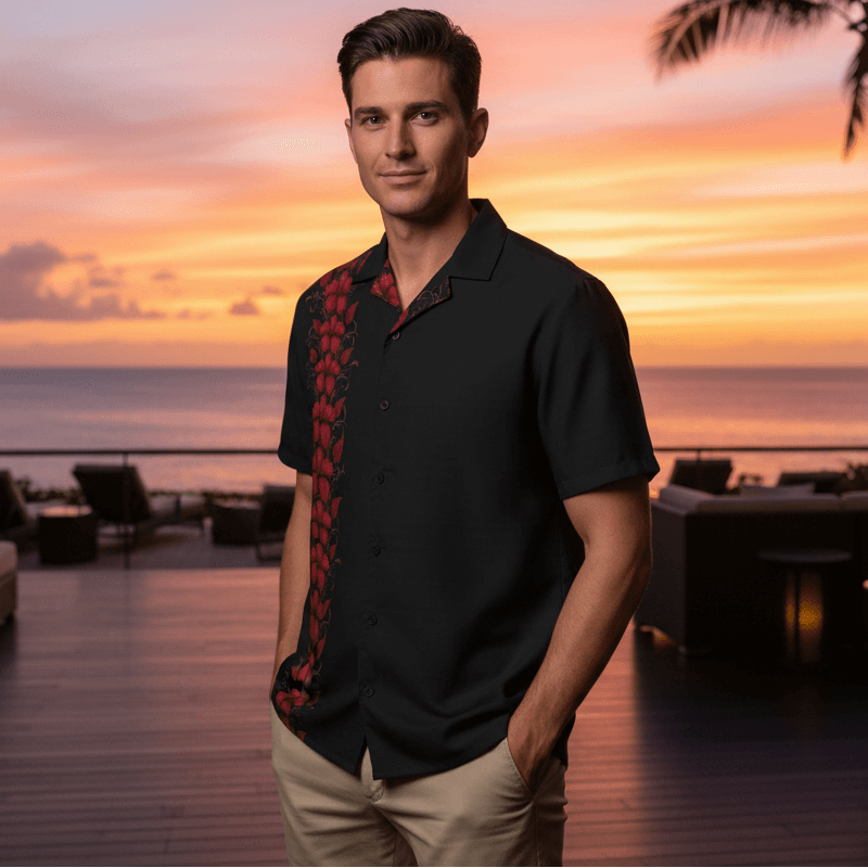 Nocturne Aloha Hawaiian shirt lifestyle photo - man at luxury resort during sunset cocktail hour with dramatic sky