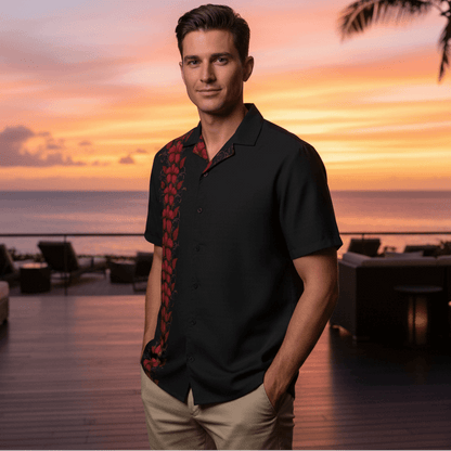 Nocturne Aloha Hawaiian shirt lifestyle photo - man at luxury resort during sunset cocktail hour with dramatic sky
