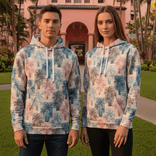 Man and woman wearing Royal Hawaiian pullover Hawaiian hoodies in the tropical gardens of the Royal Hawaiian Hotel in Waikiki
