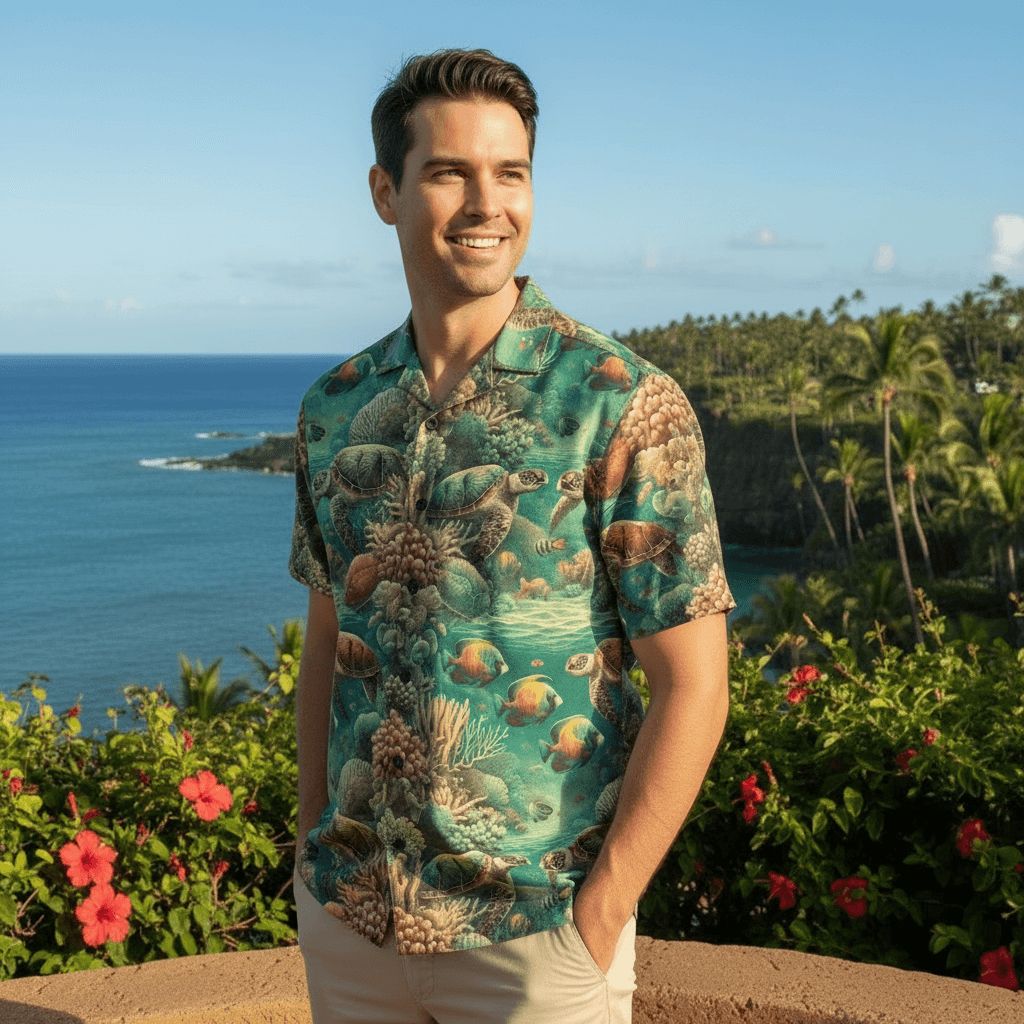 Honu Kai Hawaiian shirt lifestyle photo - man at oceanfront overlook with sea turtle viewing area