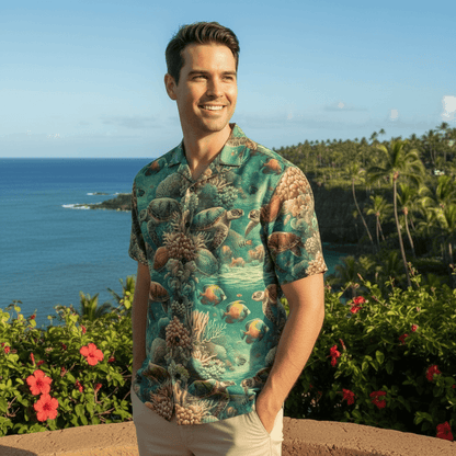 Honu Kai Hawaiian shirt lifestyle photo - man at oceanfront overlook with sea turtle viewing area