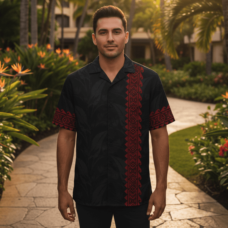 Man wearing Pō Koa o ke Kai Hawaiian shirt standing on resort pathway with tropical plants