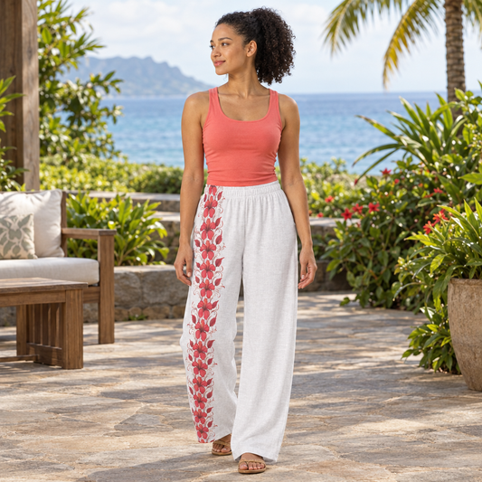 Lumine' Aloha wide leg pants with a curved floral trail styled on a Hawaiian resort patio