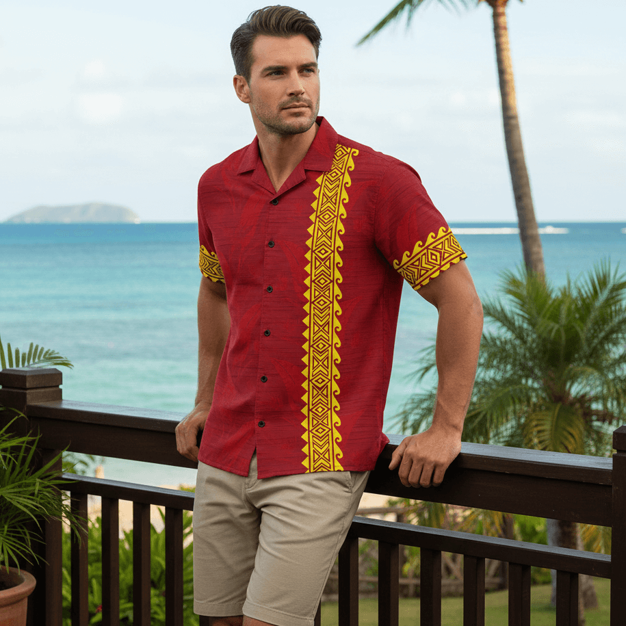 Man wearing Koa Kai Mana Hawaiian shirt with crimson red and golden yellow kapa patterns leaning against railing at outdoor bar deck overlooking ocean