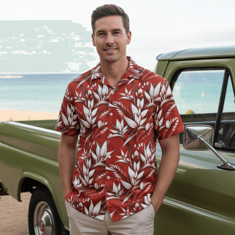 Lanai Luau Hawaiian shirt lifestyle photo - man wearing shirt next to vintage truck with coastal beach setting