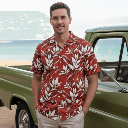 Lanai Luau Hawaiian shirt lifestyle photo - man wearing shirt next to vintage truck with coastal beach setting