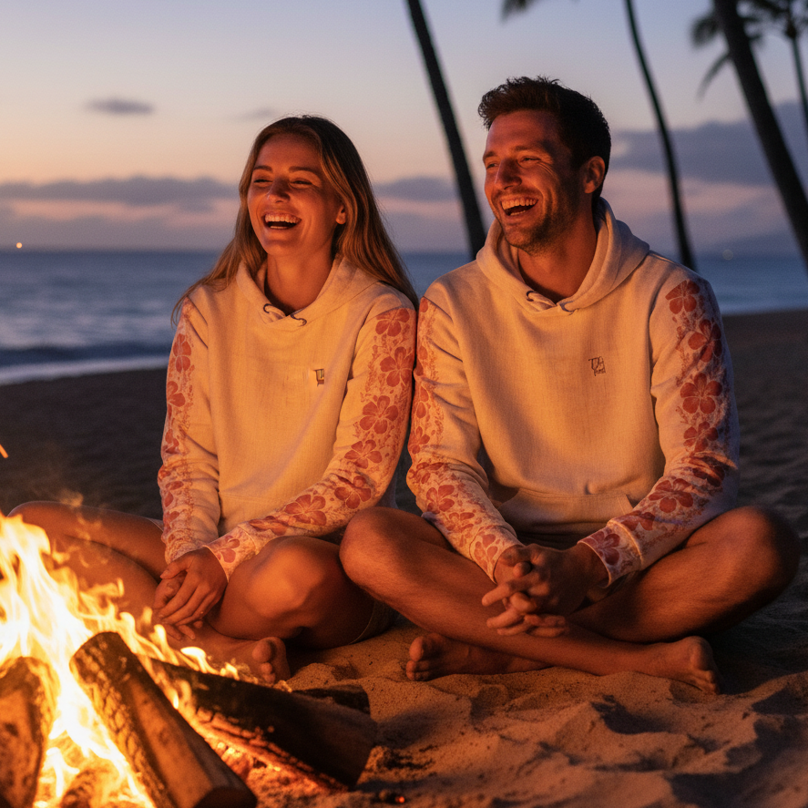 Couple wearing Pacific Sand Hawaiian hoodies by evening beach bonfire in Hawaii