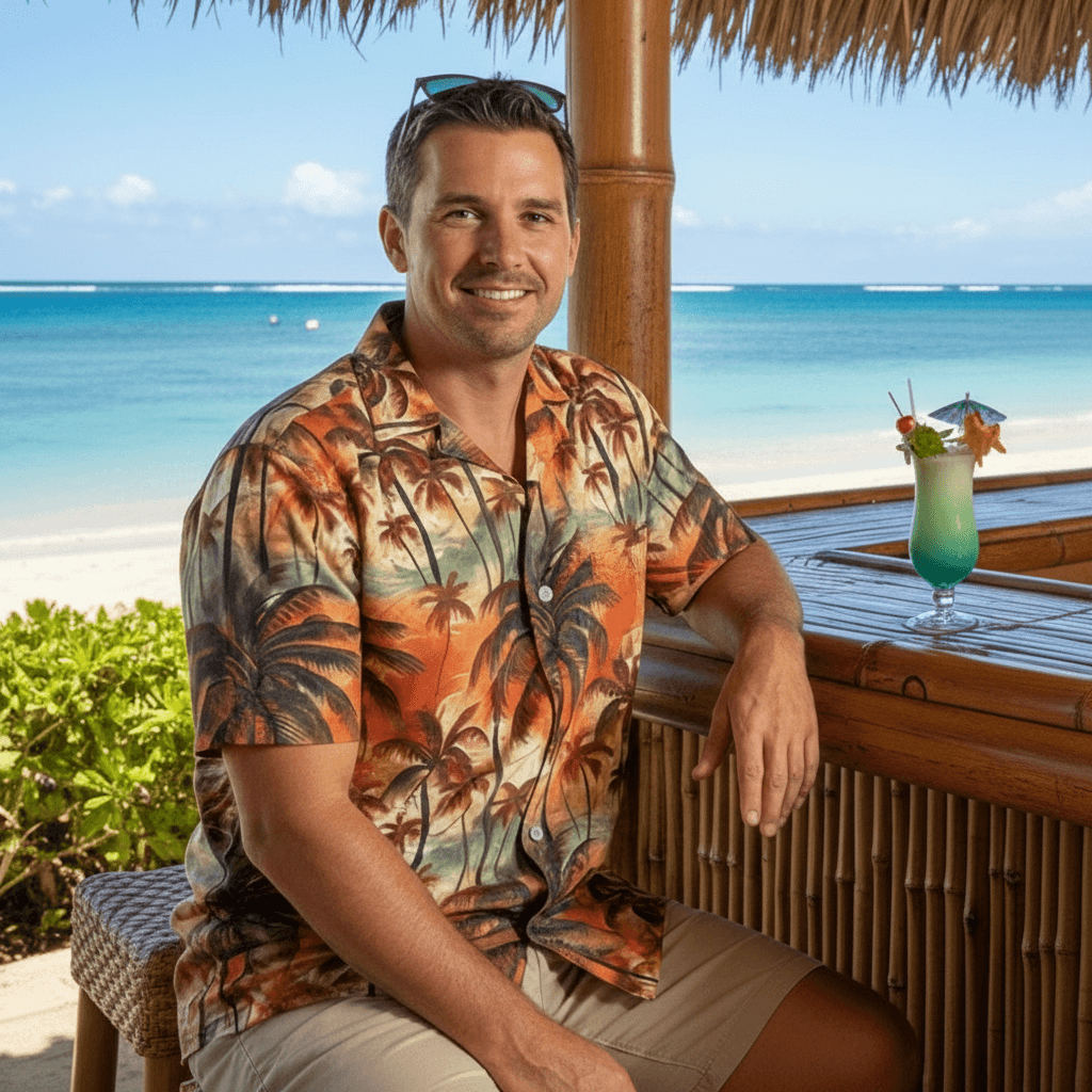 Island Aura Hawaiian shirt lifestyle photo - man wearing shirt at luxury beachfront tiki bar in Hawaii