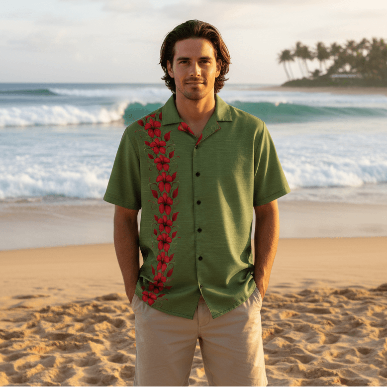 Aloha Twist shirt lifestyle photo - guy wearing shirt on tropical beach with surf waves