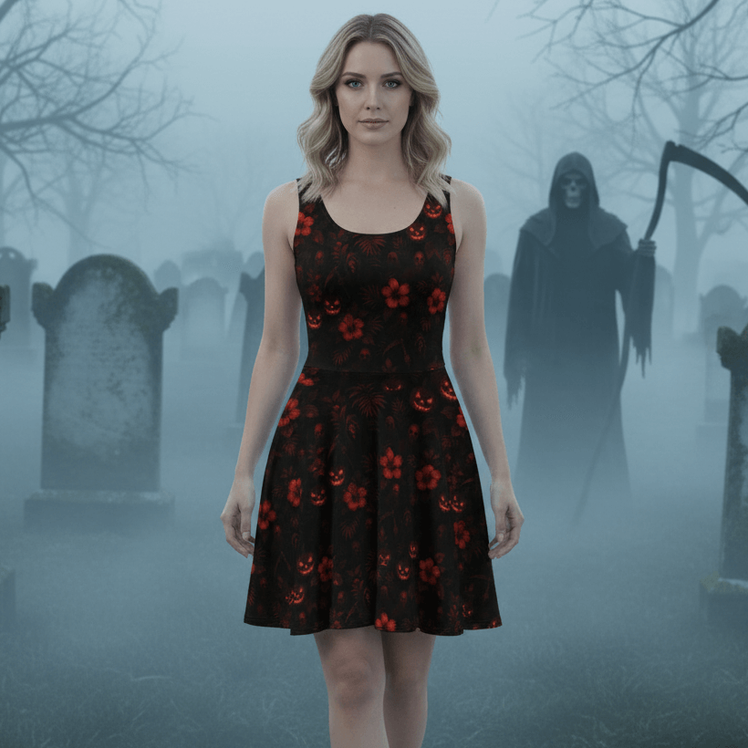 Woman wearing The Reapers Aloha Hawaiian dress in foggy graveyard with Grim Reaper