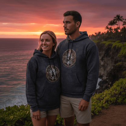 Couple wearing matching Master of My Domain pullover hoodies with fire dancer emblem at Hawaiian beach cliff overlook at sunset