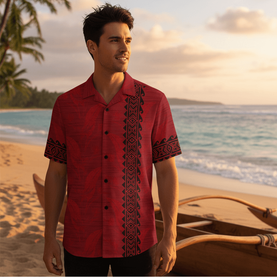 Man wearing Koa Kai Hawaiian shirt with traditional outrigger canoe on Hawaiian beach at golden hour