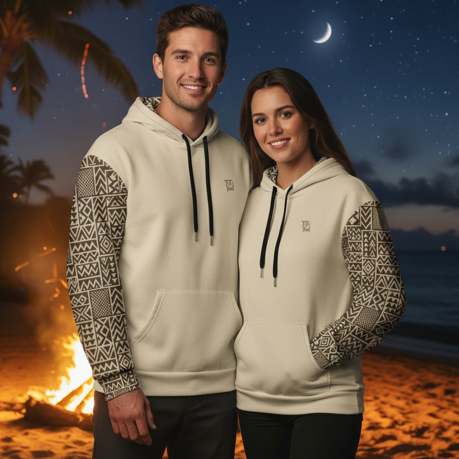 Island Beat Hawaiian hoodie - couple at evening beach bonfire