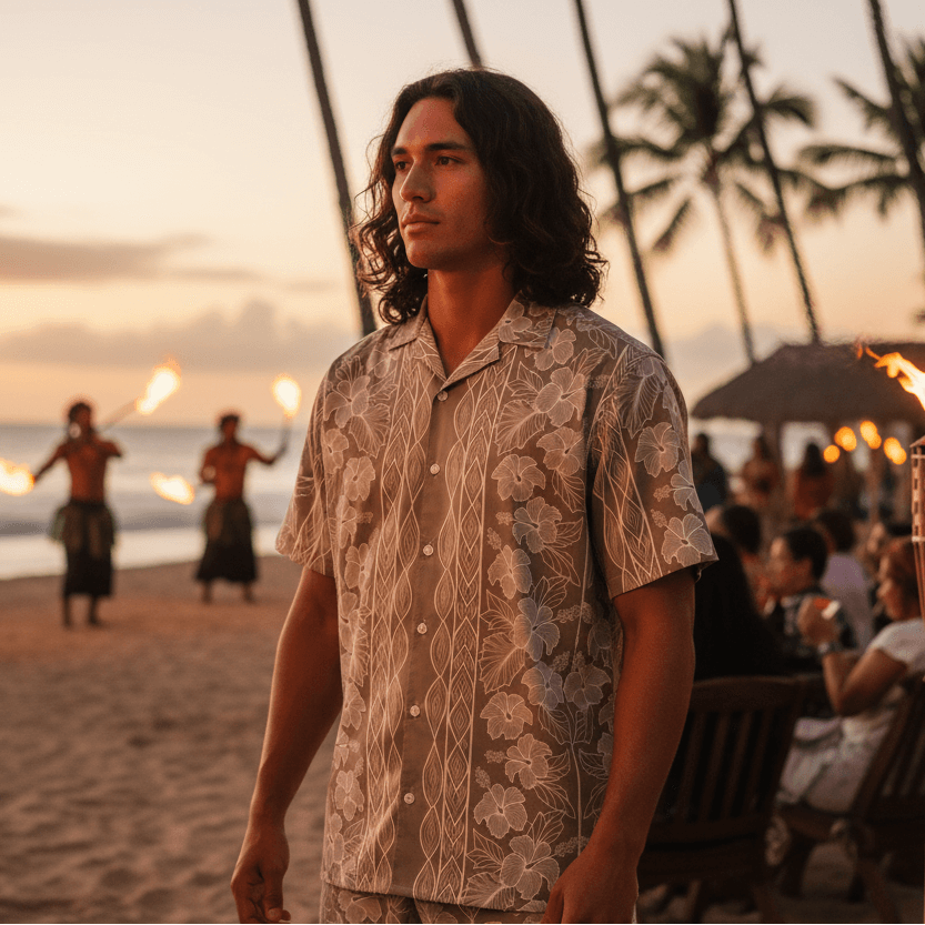 Wailea Sand Hawaiian shirt lifestyle photo - Hawaiian man at beach luau with fire dancers