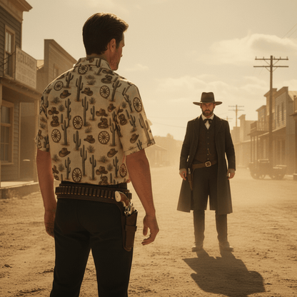 Wild West duel scene featuring Arizona Frontier shirt - When cool shirts make you slightly over confident