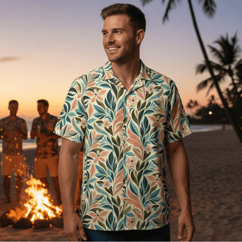 Beach Rambler Hawaiian shirt lifestyle photo - man at beach party with campfire at sunset